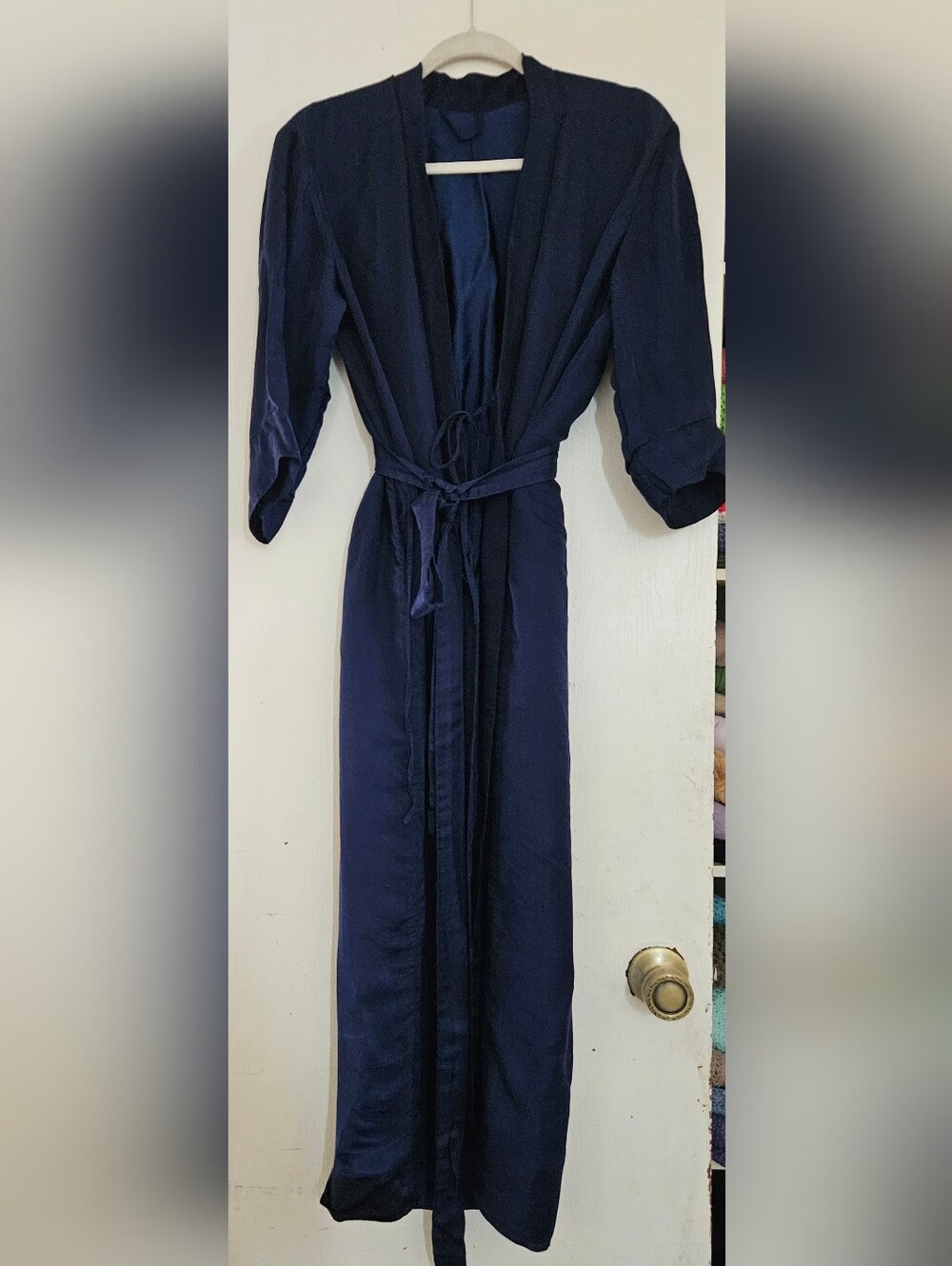 Tara Sartoria 100% Mulberry Silk Navy Long Wrap Robe Small